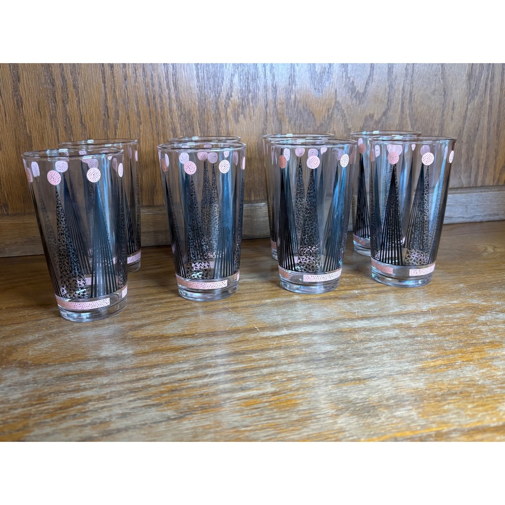 Vintage Federal Glass Atomic Tumblers Set of 8 Black Pink MCM Drinking Glasses